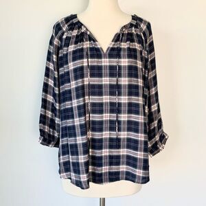 Ann Taylor LOFT Navy Blue Plaid Keyhole Peasant Blouse Size Small NWT
